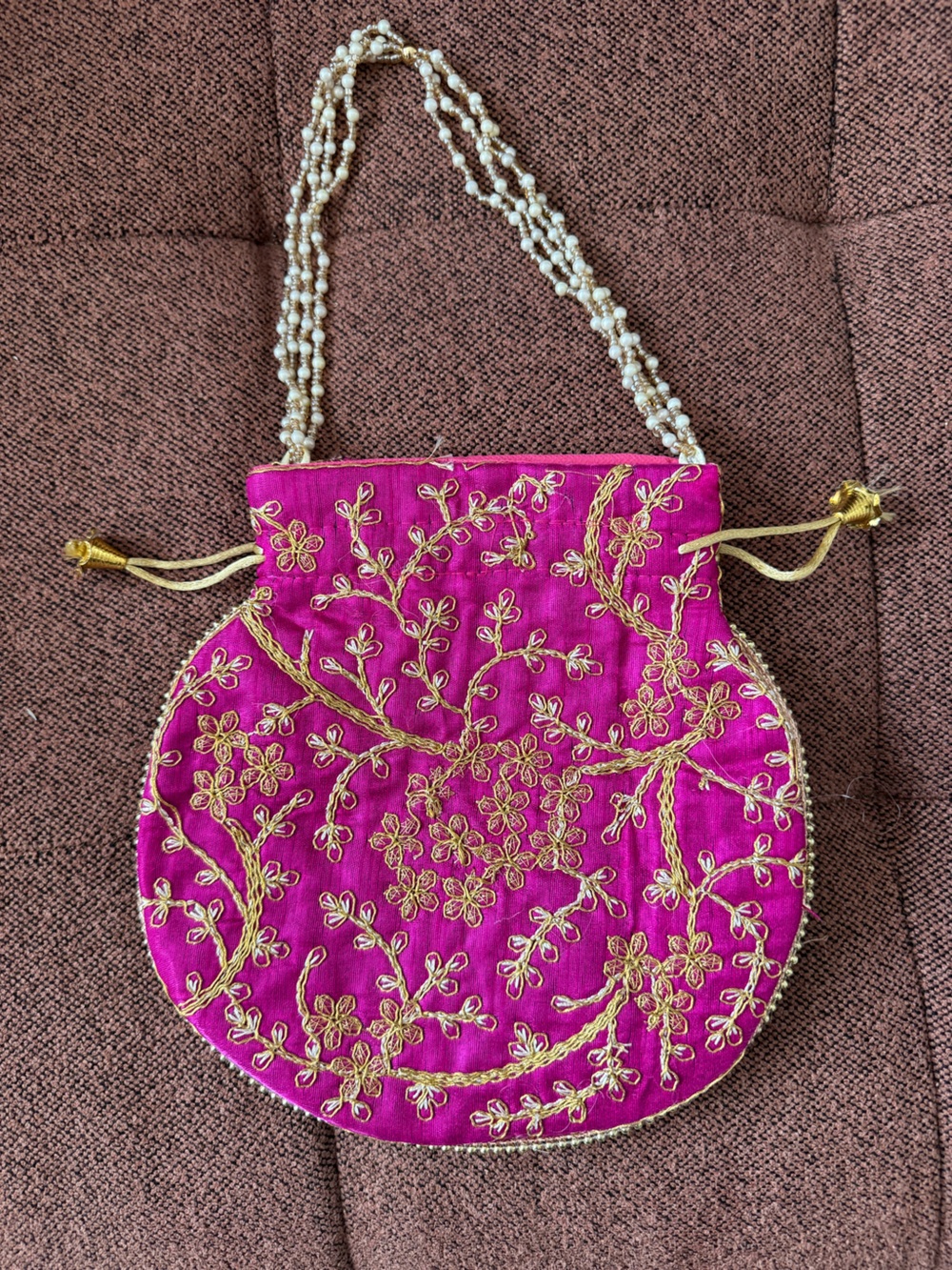 Embroidered Pink Drawstring Potli Bag with Pearl Straps